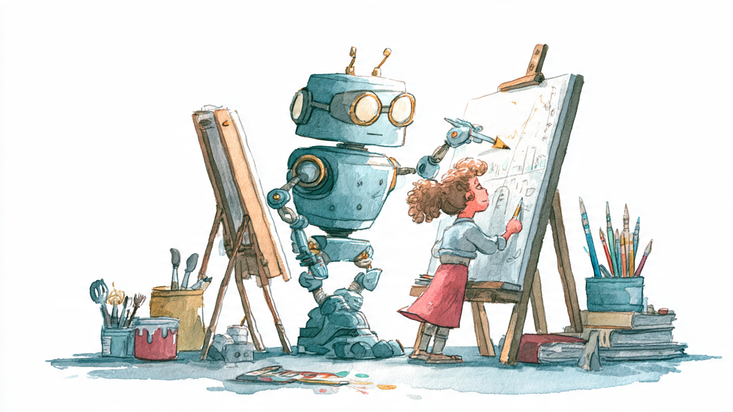 Robot and child painting together